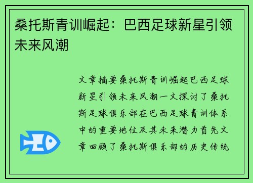 桑托斯青训崛起：巴西足球新星引领未来风潮